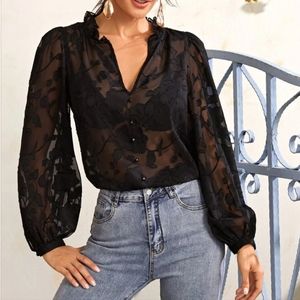 Shein Black Mesh Floral Print Button Front Flouse Size Small